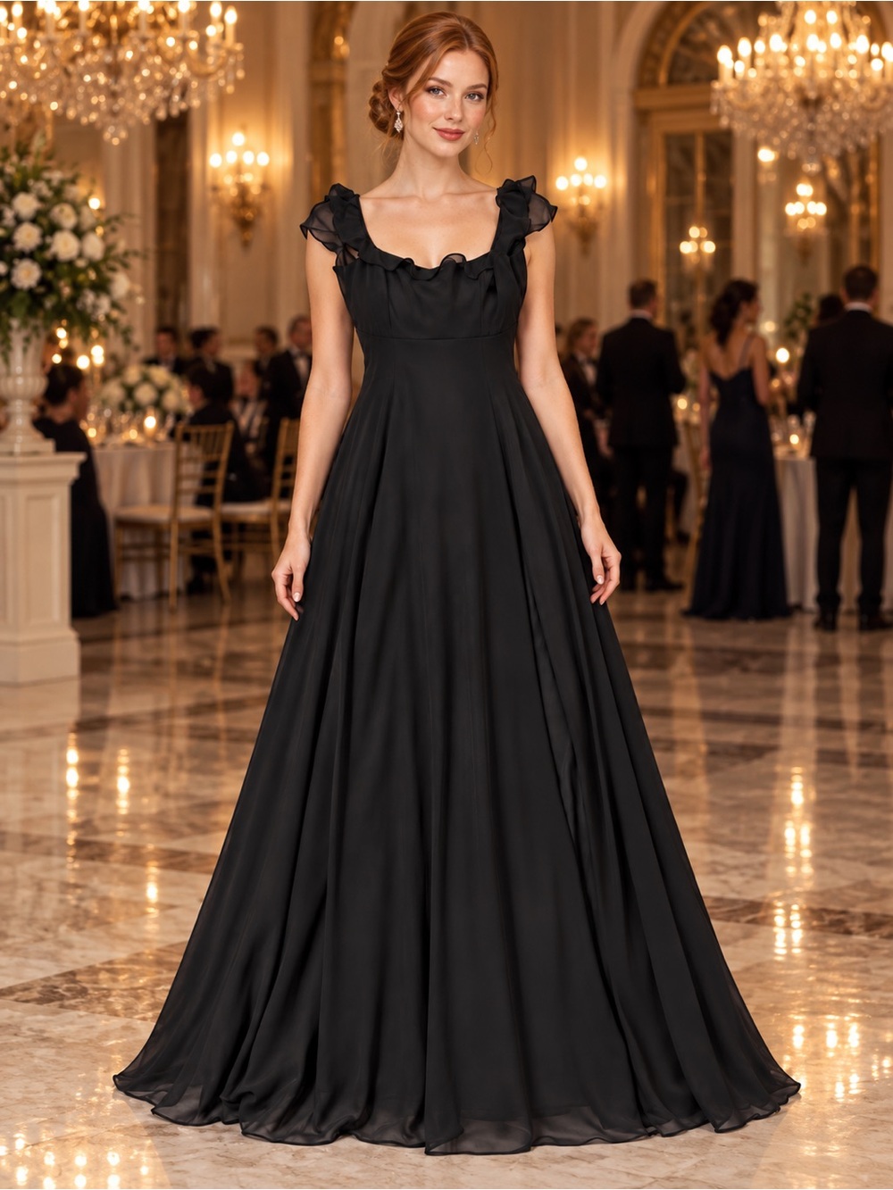Lulus Black Ruffle Chiffon
Maxi Dress Formal Gown Button
Back L